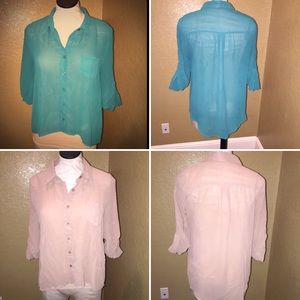 TWO hi-Lo trendy button down tops size Large